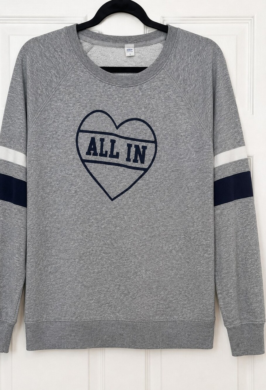 Old Navy Grey 'ALL IN' Heart Graphic Sweatshirt with Navy Accents